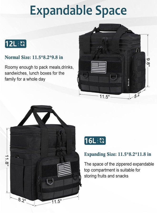 Bnlcd Tactical Lunch Box for Men, Expandable Large Insulated Lunch Bag for Adult, Heavy Duty Double Deck Lunch Cooler Bag with Shoulder Strap, Leakproof Soft Lunch Pail with American Flag - Black - Image 3