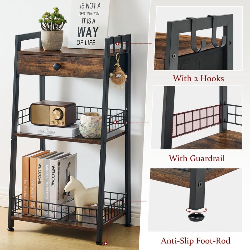 Gewudraw 3-Tier Ladder Shelf with Drawer, Bathroom Table Stand for Small Space, Bathroom Standing Shelves with Storage for Living Room Bedroom Kitchen, Organizer Shelf, Rustic Brown - Image 5