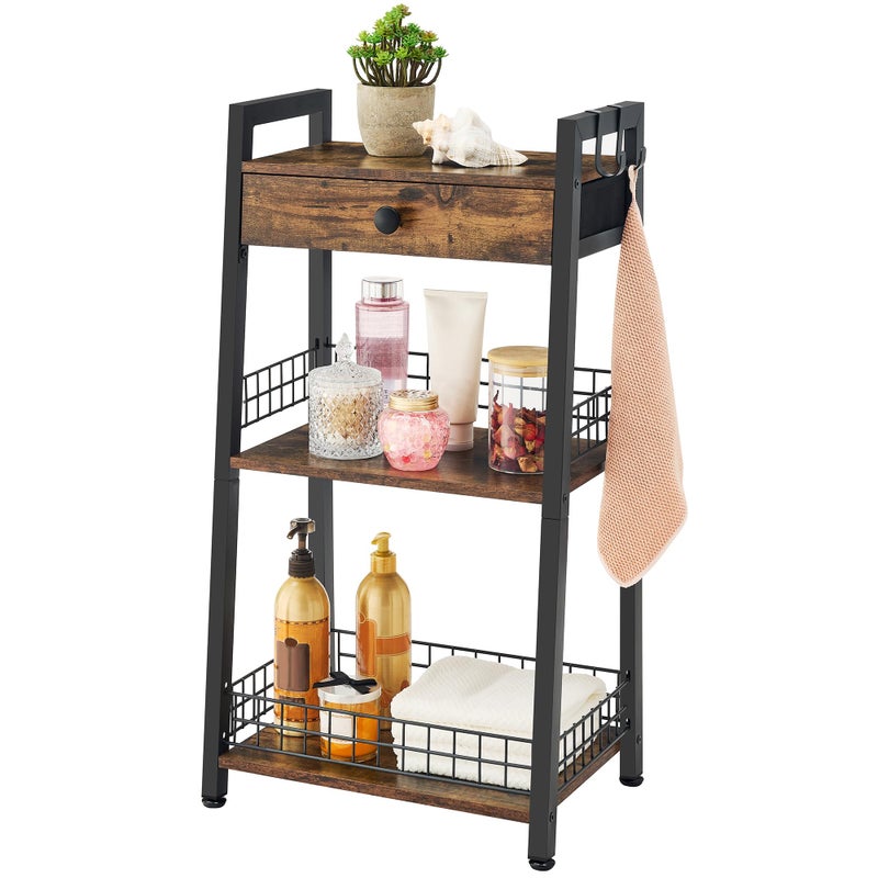 Gewudraw 3-Tier Ladder Shelf with Drawer, Bathroom Table Stand for Small Space, Bathroom Standing Shelves with Storage for Living Room Bedroom Kitchen, Organizer Shelf, Rustic Brown - Image 1
