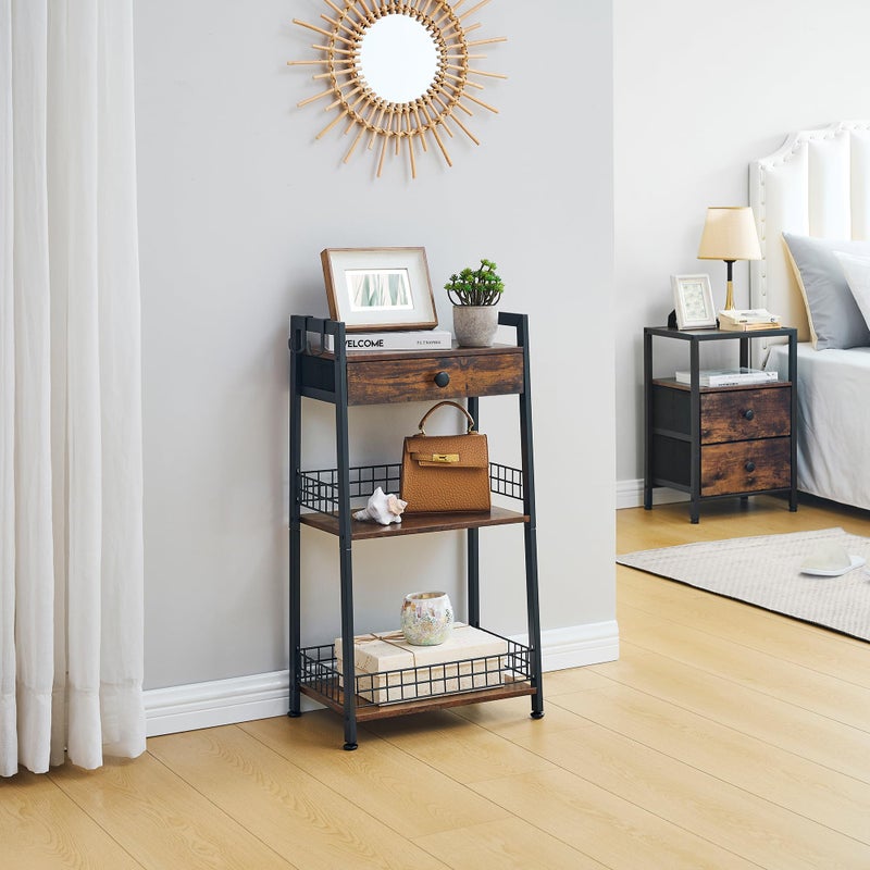 Gewudraw 3-Tier Ladder Shelf with Drawer, Bathroom Table Stand for Small Space, Bathroom Standing Shelves with Storage for Living Room Bedroom Kitchen, Organizer Shelf, Rustic Brown - Image 2