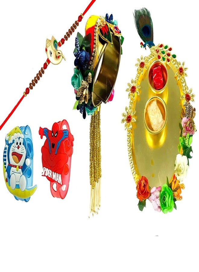 Evisha Ganesh Pair Rakhi Roli Chawal Plate And 2 Kids Cartoon Character LED Rakhi For Brother And Bhabhi | Rakhi Combo-264-Kada40-2LED-T || rakhi || rakhi set || rakhi for brother || rakhi for brother and bhabhi || rakhi combo || bhaiya bhabhi rakhi || rakhi gifts - Image 1