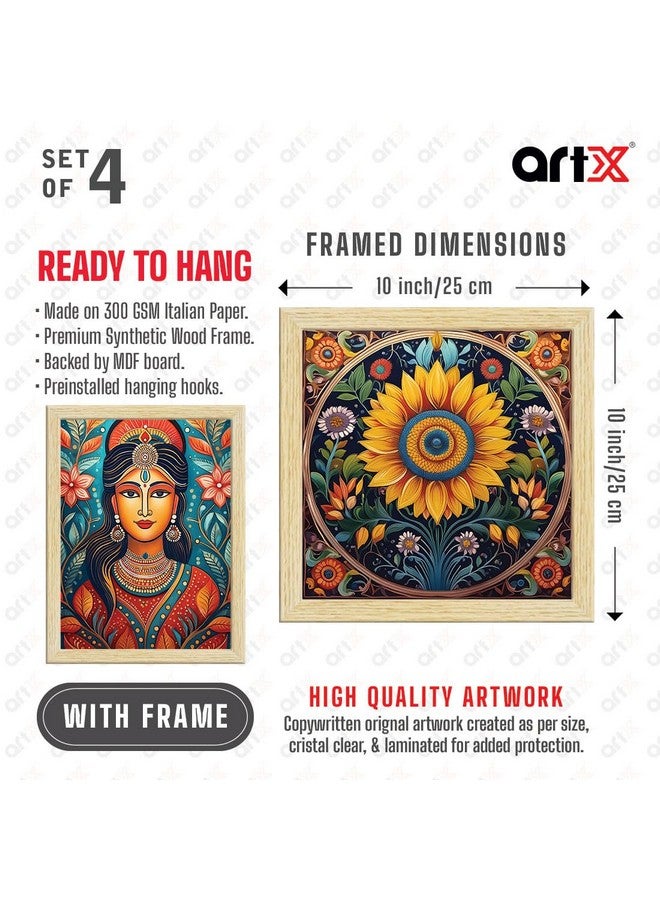 ArtX لوحات فن مدهوباني من ArtX مع إطار لتزيين المنزل، لوحات جدارية لغرفة المعيشة، متعددة الألوان، مجموعة من 4 - Image 3