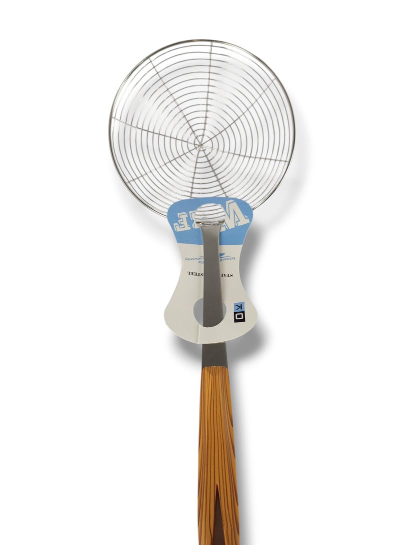 مصفاة قلي عميقة من الفولاذ المقاوم للصدأ بيد من الخشب مقاس كبير