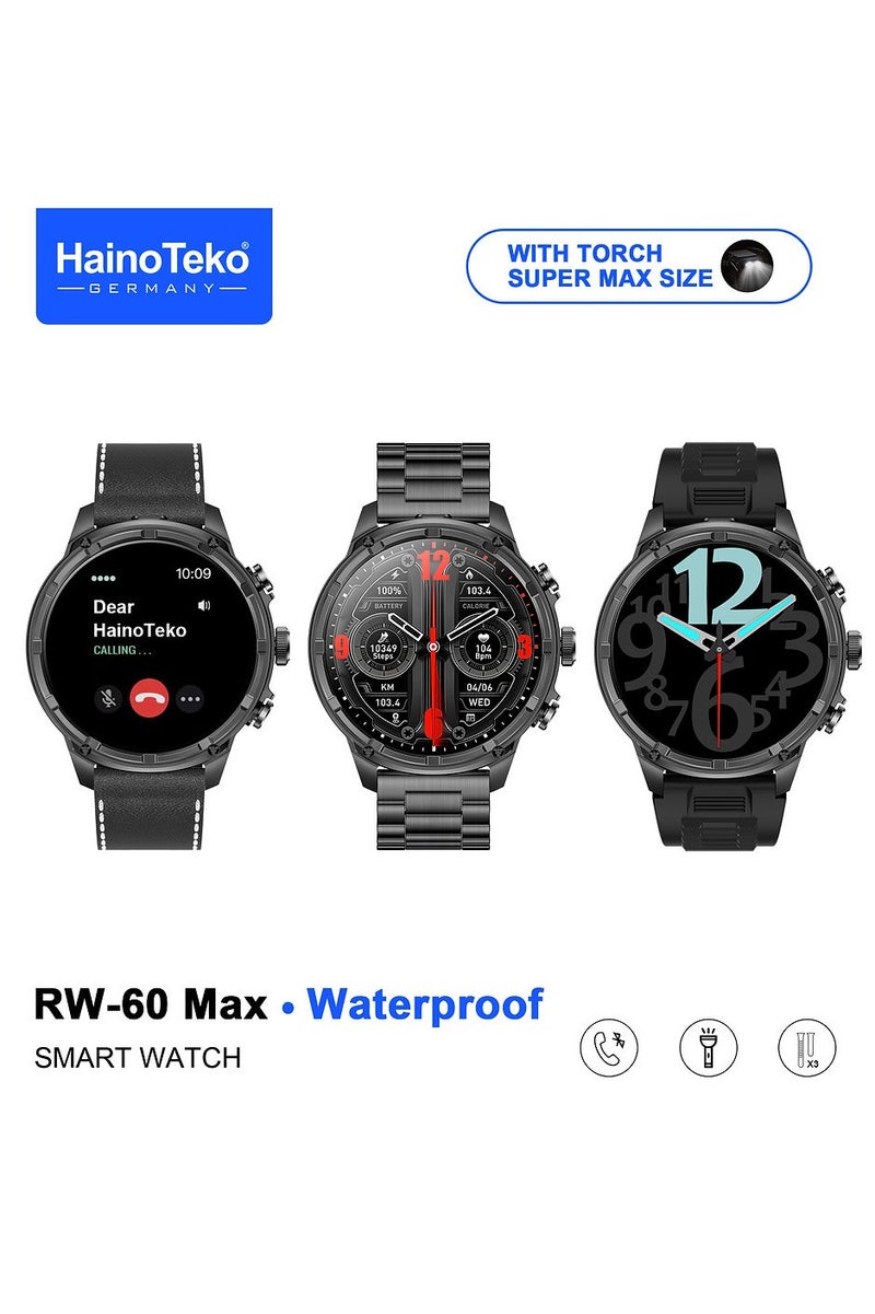Haino Teko HainoTeko RW-60 Max Waterproof Smartwatch With AMOLED Display LED Torch Light and 3 Pair Straps Designed for Men Black - Image 1