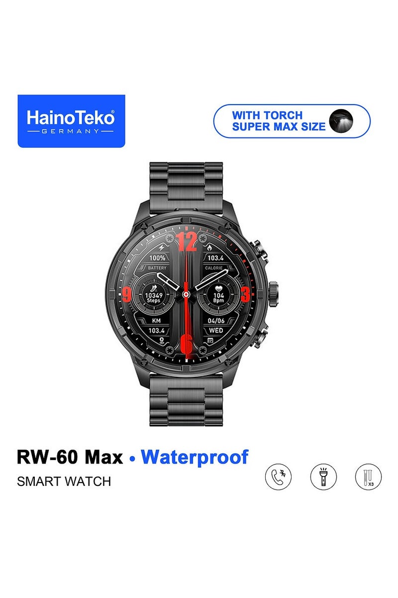 Haino Teko HainoTeko RW-60 Max Waterproof Smartwatch With AMOLED Display LED Torch Light and 3 Pair Straps Designed for Men Black - Image 2