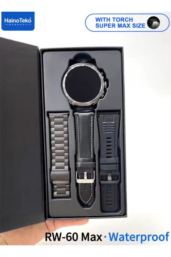 Haino Teko HainoTeko RW-60 Max Waterproof Smartwatch With AMOLED Display LED Torch Light and 3 Pair Straps Designed for Men Black - Image 5