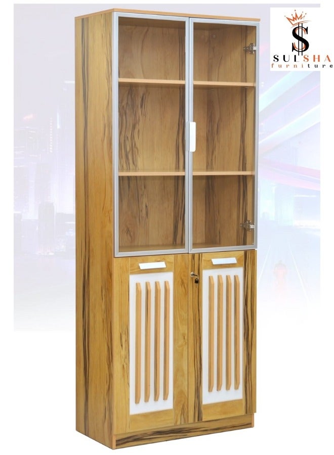 SULSHA Modern 4 Door Wooden File CABINET and Bookshelf Glass Door With Aluminum Light oak & White Color - Image 1
