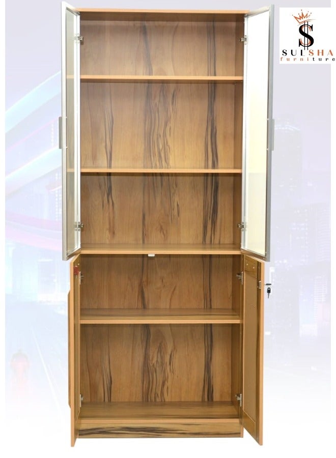 SULSHA Modern 4 Door Wooden File CABINET and Bookshelf Glass Door With Aluminum Light oak & White Color - Image 2