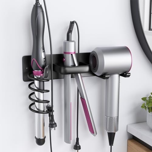 Tindbea Hair Dryer Holder Curling Iron Holder Flat Iron, Blow Dryer Holder Wall Mount, 3 in 1 Bathroom Hair Tool Organizer Rack for Universal Dryer, Matte Black - Image 1