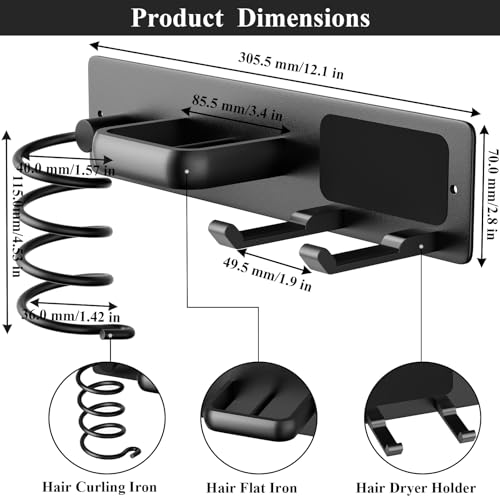 Tindbea Hair Dryer Holder Curling Iron Holder Flat Iron, Blow Dryer Holder Wall Mount, 3 in 1 Bathroom Hair Tool Organizer Rack for Universal Dryer, Matte Black - Image 3