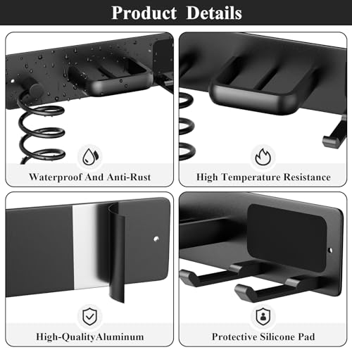 Tindbea Hair Dryer Holder Curling Iron Holder Flat Iron, Blow Dryer Holder Wall Mount, 3 in 1 Bathroom Hair Tool Organizer Rack for Universal Dryer, Matte Black - Image 4