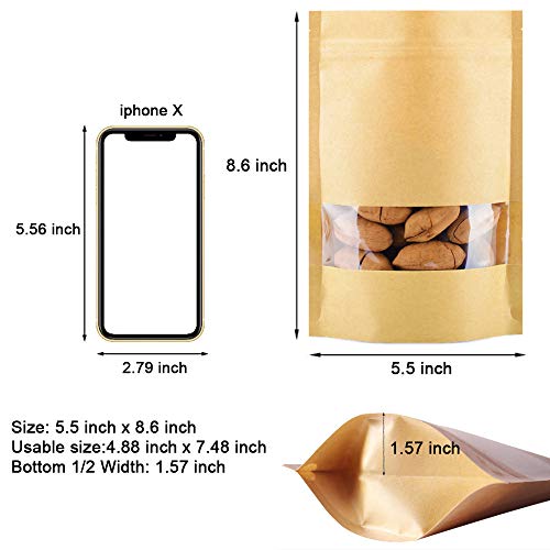 DIMVKA 100 Pcs Resealable Stand Up kraft Paper Bags with Window for Packaging Products, Reusable Zip Lock Food Storage Pouch Bags (5.5" x 8.6") - Image 3
