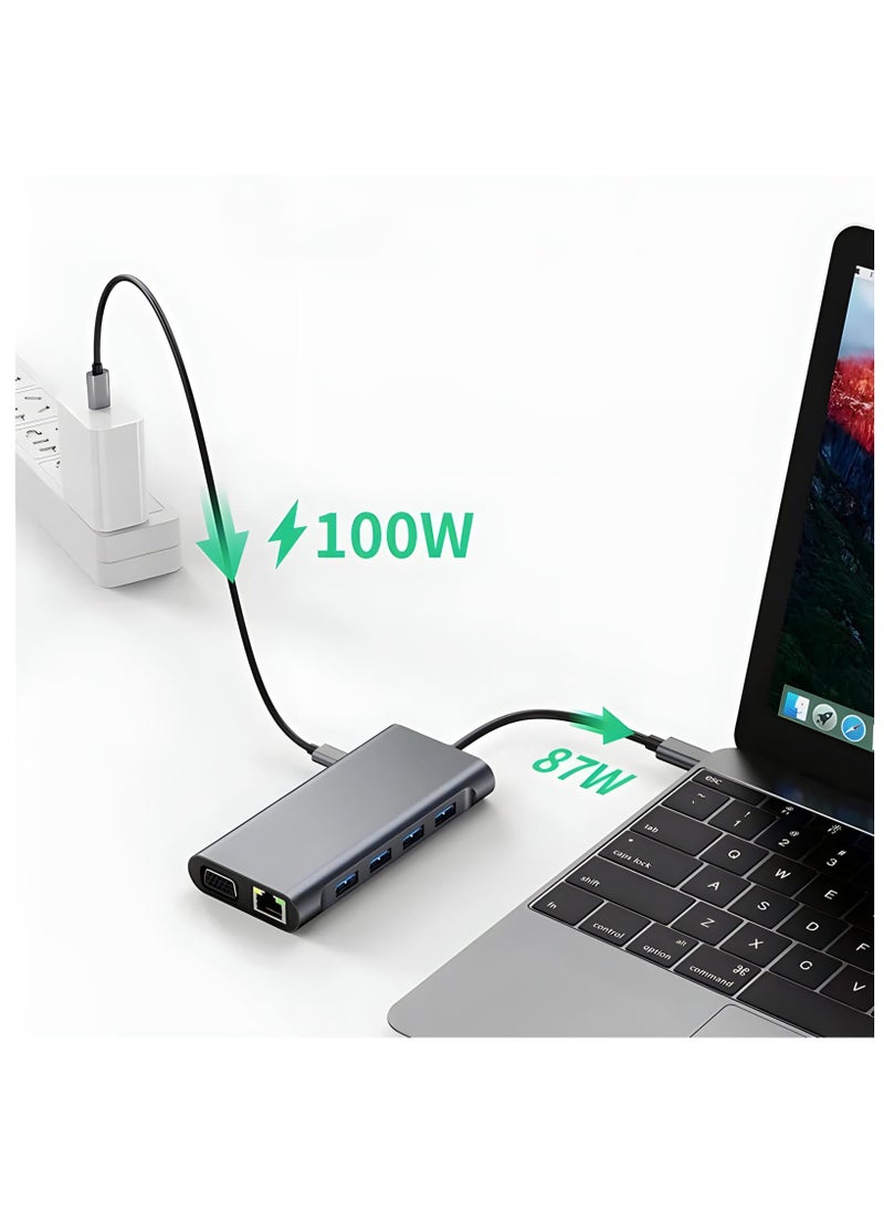 FIRST PRO - Type c 11 in 1 hub to USB 2.0 * 3+USB 3.0+RJ45+VGA+HDMI 4K+SD+TF+Audio+PD HDMI Network Rj45 Adapter and USB Converter - Image 1