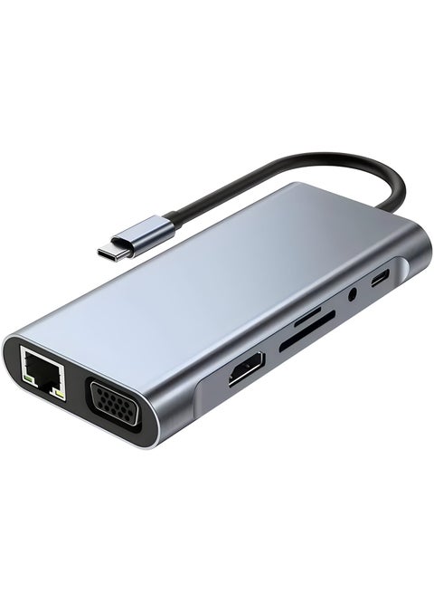 USB C HUB, USB C Adapter 11 in 1 Dongle with 4K HDMI, VGA, Type C PD, USB3.0, RJ45 Ethernet, SD/TF Card Reader, 3.5mm AUX, Docking Station Compatible with MacBook Pro/Air, Other Type C Laptops Devices