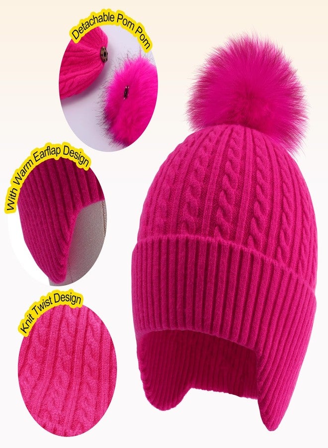 ACTLATI Toddler Knitted Beanie with Ear Flaps Girls Rainbow Pompom Hat Kids Winter Fall Outdoor Skull Caps Age 3-14 - Image 4