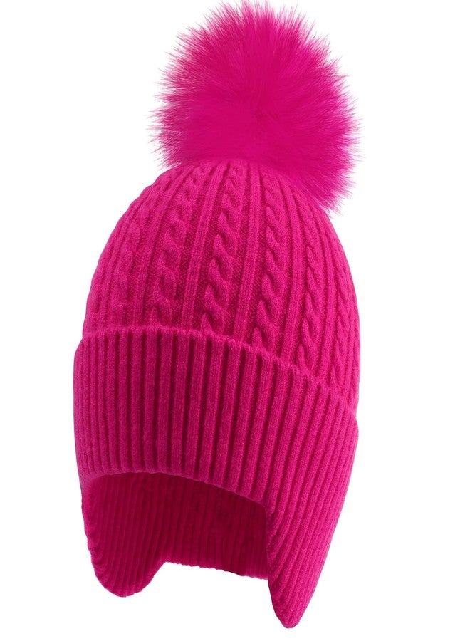 ACTLATI Toddler Knitted Beanie with Ear Flaps Girls Rainbow Pompom Hat Kids Winter Fall Outdoor Skull Caps Age 3-14 - Image 1