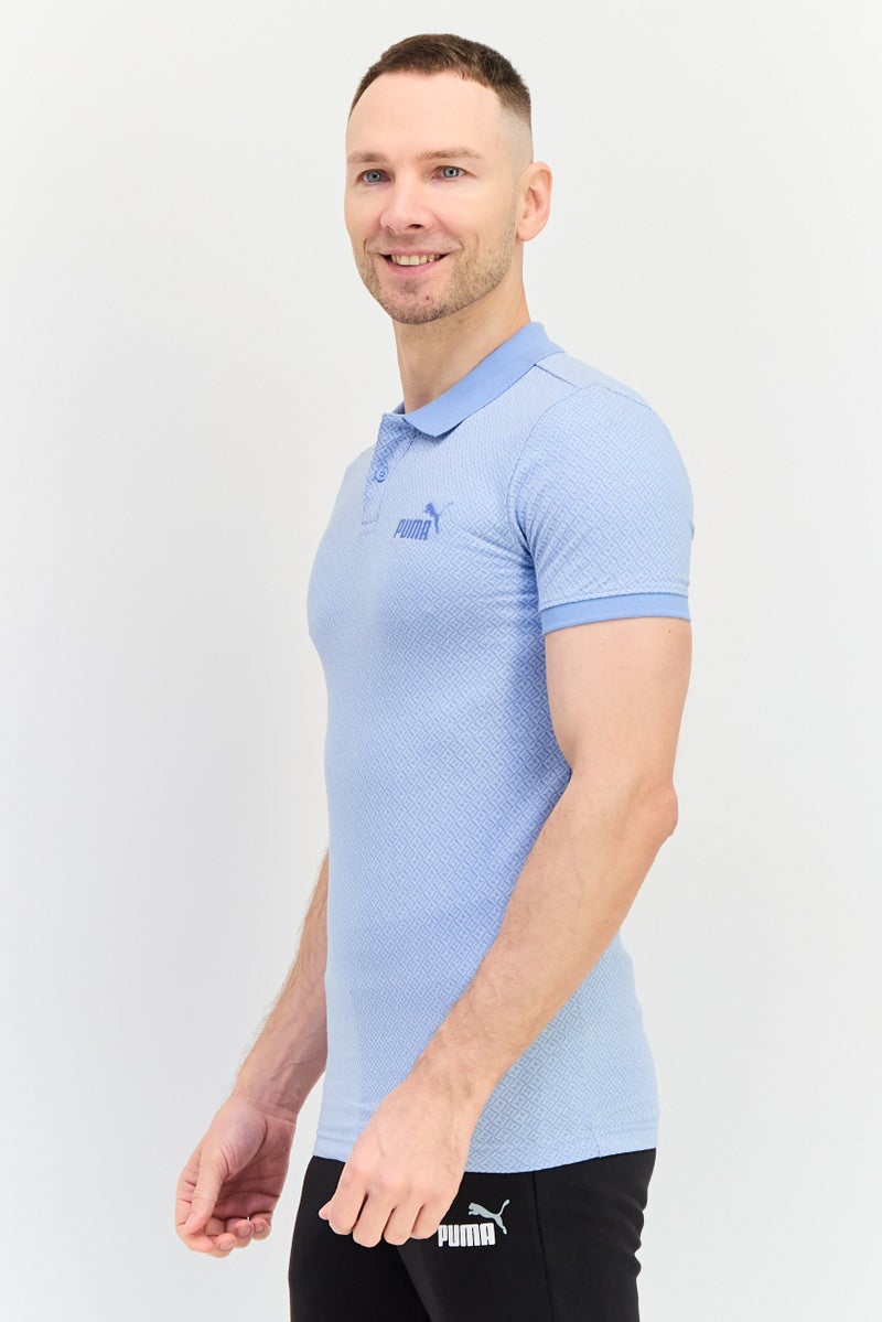 PUMA قميص بولو خارجي بأكمام قصيرة للرجال بتصميم ضيق مع شعار مطرز، أزرق فاتح - Image 2