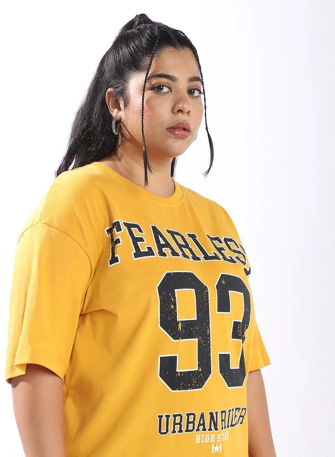 HIGH STAR Women's Yellow 100% Cotton Printed Plus Size Oversized T-Shirt