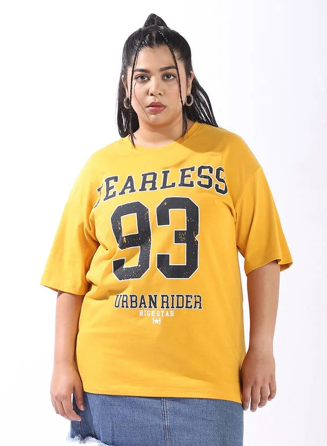 HIGH STAR Women's Yellow 100% Cotton Printed Plus Size Oversized T-Shirt