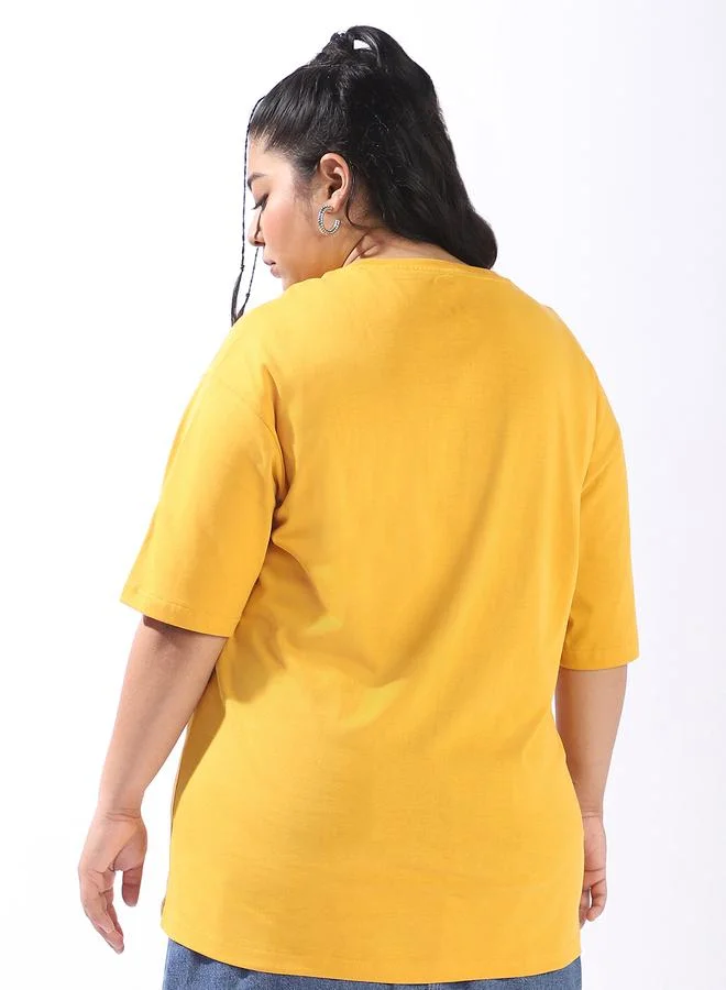 HIGH STAR Women's Yellow 100% Cotton Printed Plus Size Oversized T-Shirt