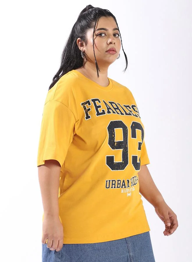 HIGH STAR Women's Yellow 100% Cotton Printed Plus Size Oversized T-Shirt