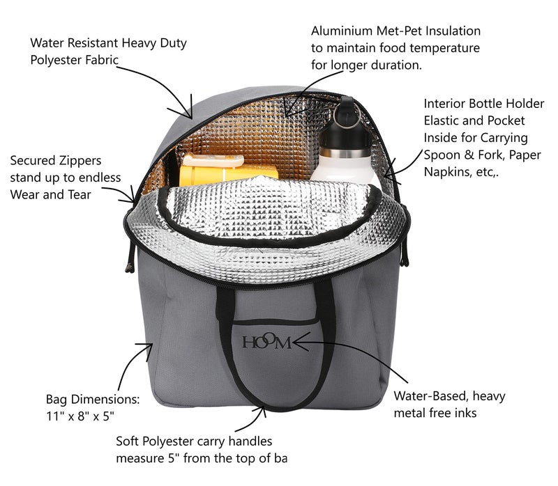 HOOM Insulated Lunch Bag for Office Men, Women and Kids, Leak Proof Water Resistant Polyester Made Lunch Tiffin Bag with Quotes (Grey Keep Calm It's Lunch Time N3) - Image 5