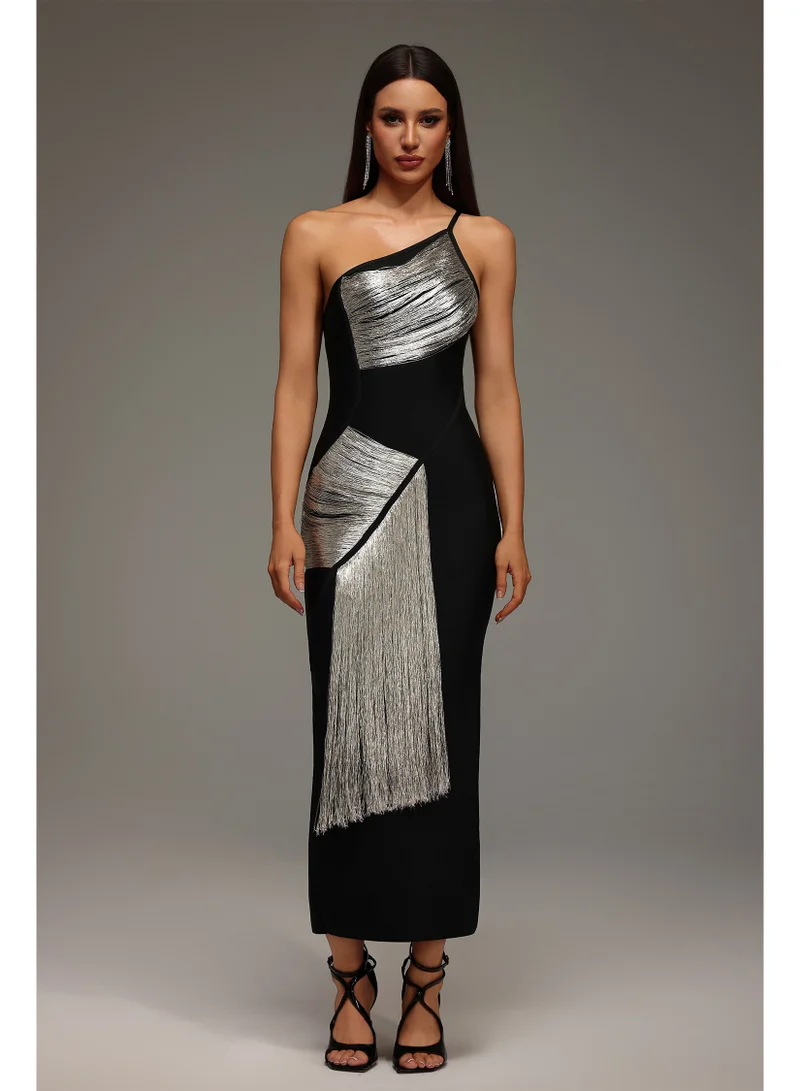 Roanna One Shoulder Sleeveless Tassels Bandage Maxi Dress