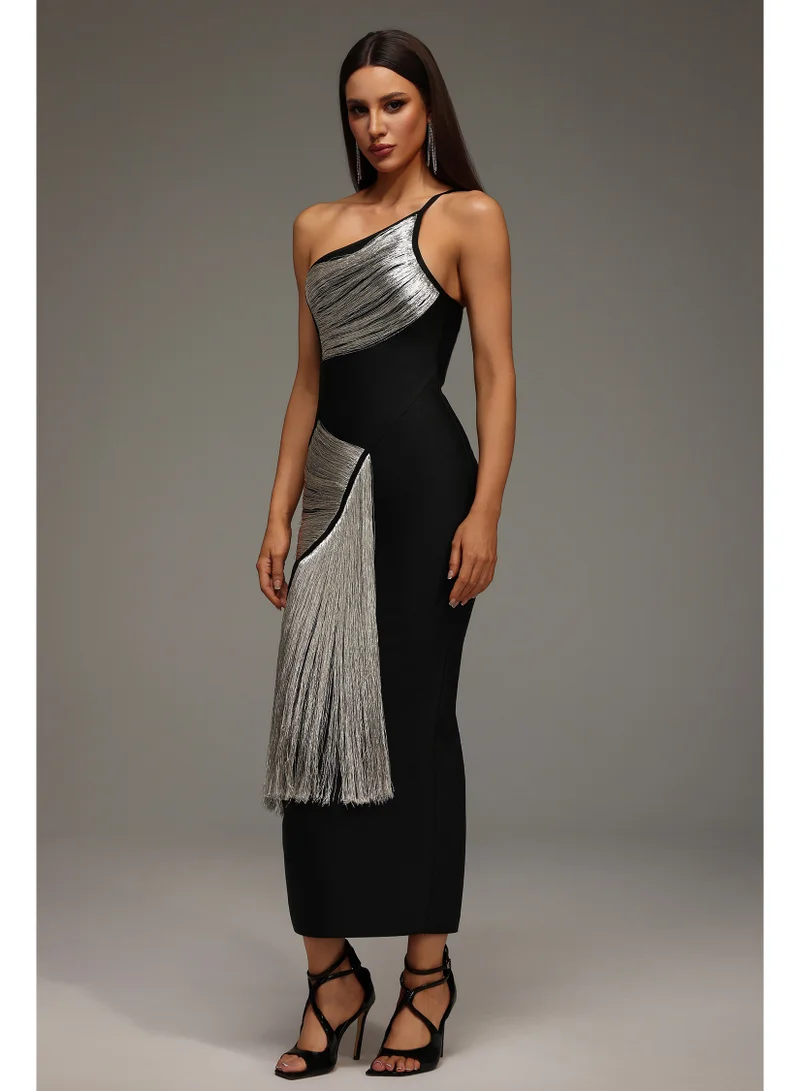 Bella Barnett Roanna One Shoulder Sleeveless Tassels Bandage Maxi Dress