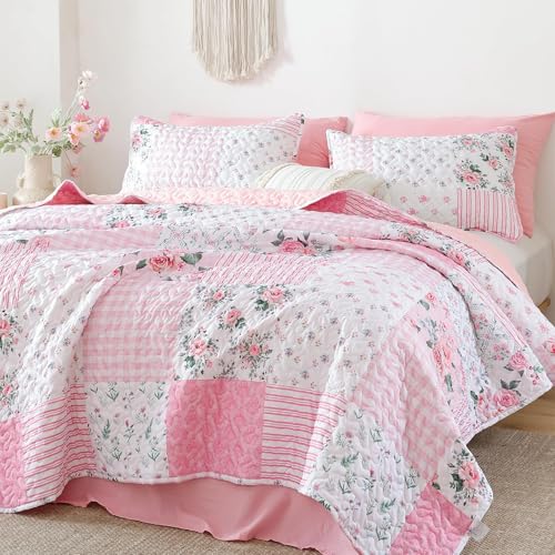 YIKUSH Floral Quilt Set Twin Size – Ultra Soft Lightweight Bedspread, 2 Piece Pink Bedding Set (66"x90") with Pillowcases (20"*26"), All Season Coverlet for Bedroom & Guest Room - Image 4