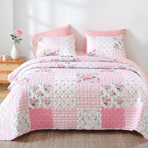 YIKUSH Floral Quilt Set Twin Size – Ultra Soft Lightweight Bedspread, 2 Piece Pink Bedding Set (66"x90") with Pillowcases (20"*26"), All Season Coverlet for Bedroom & Guest Room - Image 1