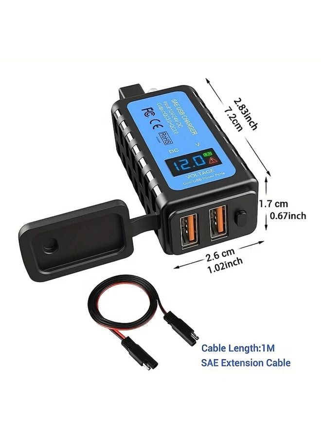 شاحن GSG QQ المزدوك للدراجات النارية بشاحن سريع 3.0 ومنفذين USB مع عداد الجهد وكابل 39.37 بوصة - Image 3