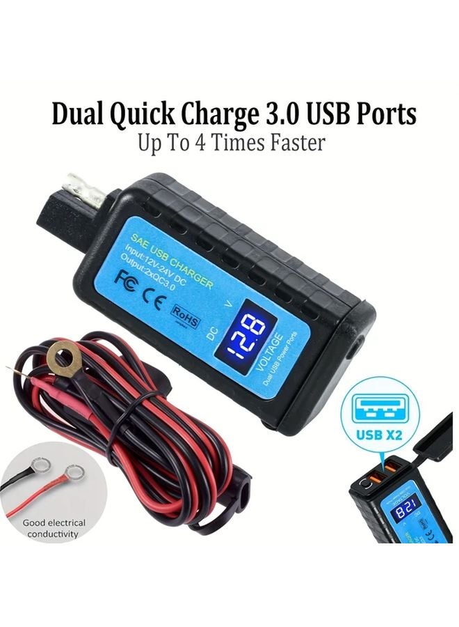 شاحن GSG QQ المزدوك للدراجات النارية بشاحن سريع 3.0 ومنفذين USB مع عداد الجهد وكابل 39.37 بوصة - Image 2