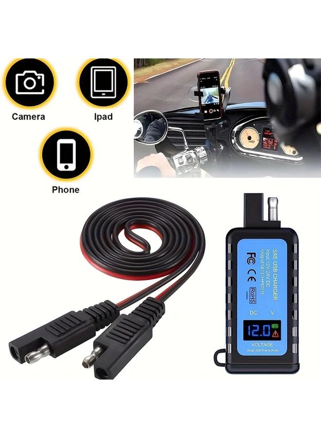 شاحن GSG QQ المزدوك للدراجات النارية بشاحن سريع 3.0 ومنفذين USB مع عداد الجهد وكابل 39.37 بوصة - Image 4