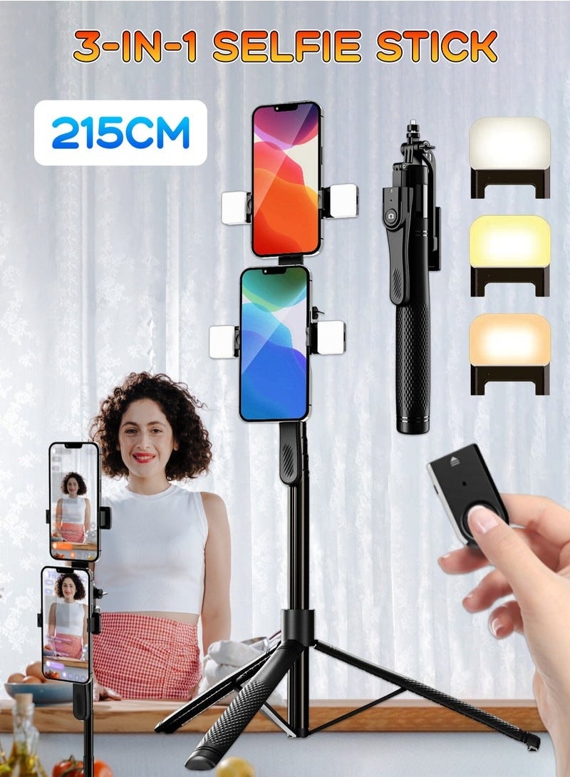 XiuWoo 215cm 3-in-1 Selfie Stick with Four Lights and Dual Mobile Phone Clamp Portable Tripod with Remote Mobile Phone Holder for TikTok, Live Streaming, Vlog Multifunctional Outdoor Travel Stand
