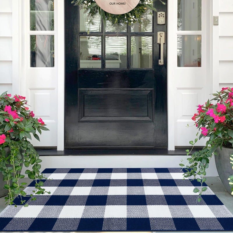 IOHOUZE Buffalo Plaid Checkered Rug 27.5" X 43" Front Door Mats, Washable Area Rugs for Front Porch Decor, Spring Summer Welcome Mats Outdoor, Navy White Rug for Farmhouse/Entryway/Home Entrance - Image 1
