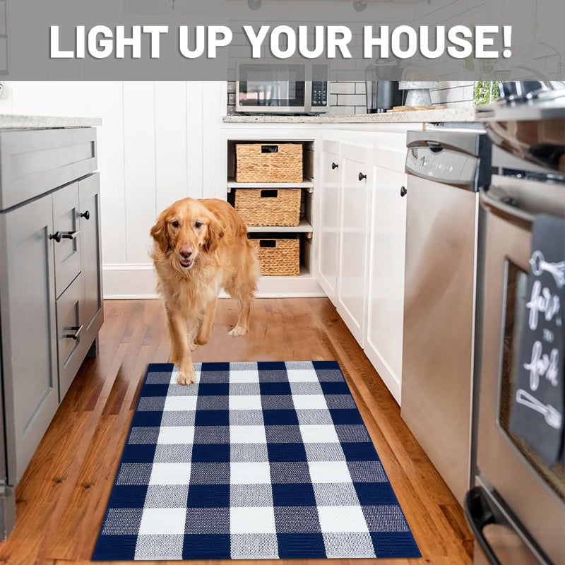 IOHOUZE Buffalo Plaid Checkered Rug 27.5" X 43" Front Door Mats, Washable Area Rugs for Front Porch Decor, Spring Summer Welcome Mats Outdoor, Navy White Rug for Farmhouse/Entryway/Home Entrance - Image 3