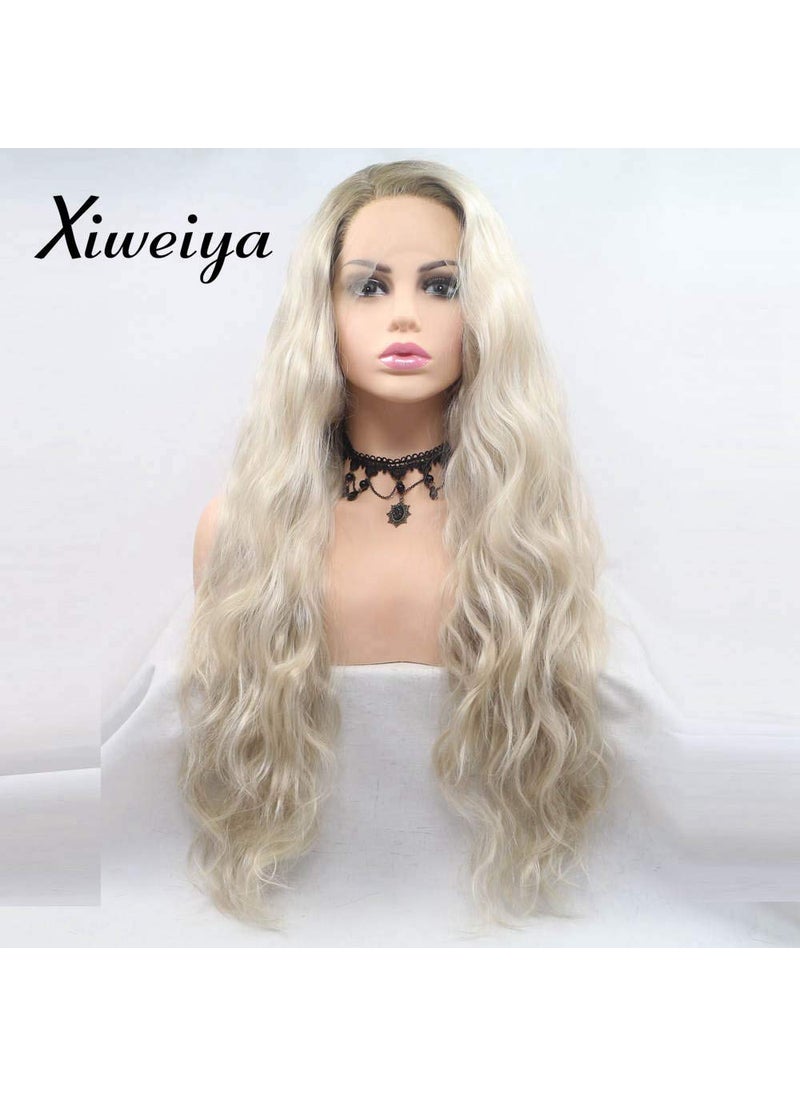 Xiweiya xiweiya Long blonde wavy curly wig water wave blonde hair middle part Synthetic Lace Front Wigs For Women with heat resistant fiber hair replacement wig half hand tied 24 Inch 