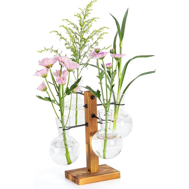 E-ROOM TREND Plant Propagation Station, Plant Terrarium with Wood Stand for Hydroponics Plants, Home Office Garden Decor Planter, Plant Lover Gifts - 4 Bulb Glass Vases - Image 1