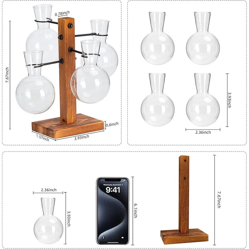 E-ROOM TREND Plant Propagation Station, Plant Terrarium with Wood Stand for Hydroponics Plants, Home Office Garden Decor Planter, Plant Lover Gifts - 4 Bulb Glass Vases - Image 2