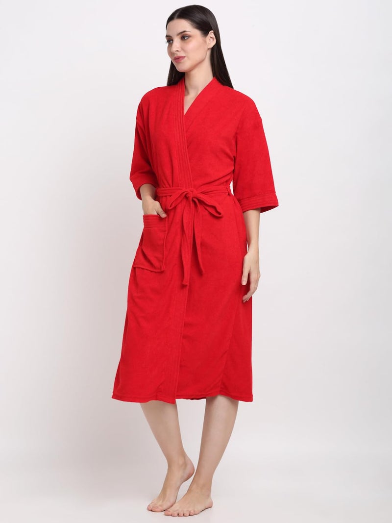 CREEVA Everyday Unisex Micro Terry Bathrobe Collection With kimono collar and 1 Pocket, 3/4 Sleeve Bath Robe Super Soft Light Weight - Red - Image 2