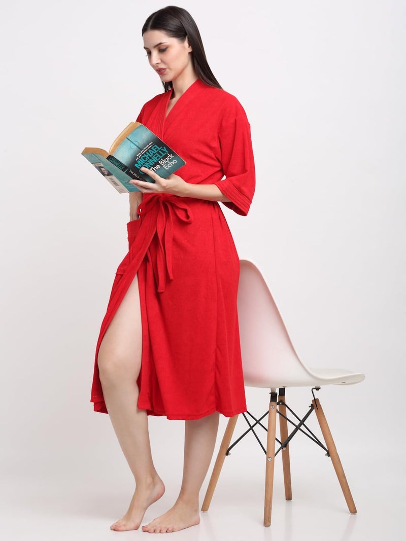 CREEVA Everyday Unisex Micro Terry Bathrobe Collection With kimono collar and 1 Pocket, 3/4 Sleeve Bath Robe Super Soft Light Weight - Red - Image 4