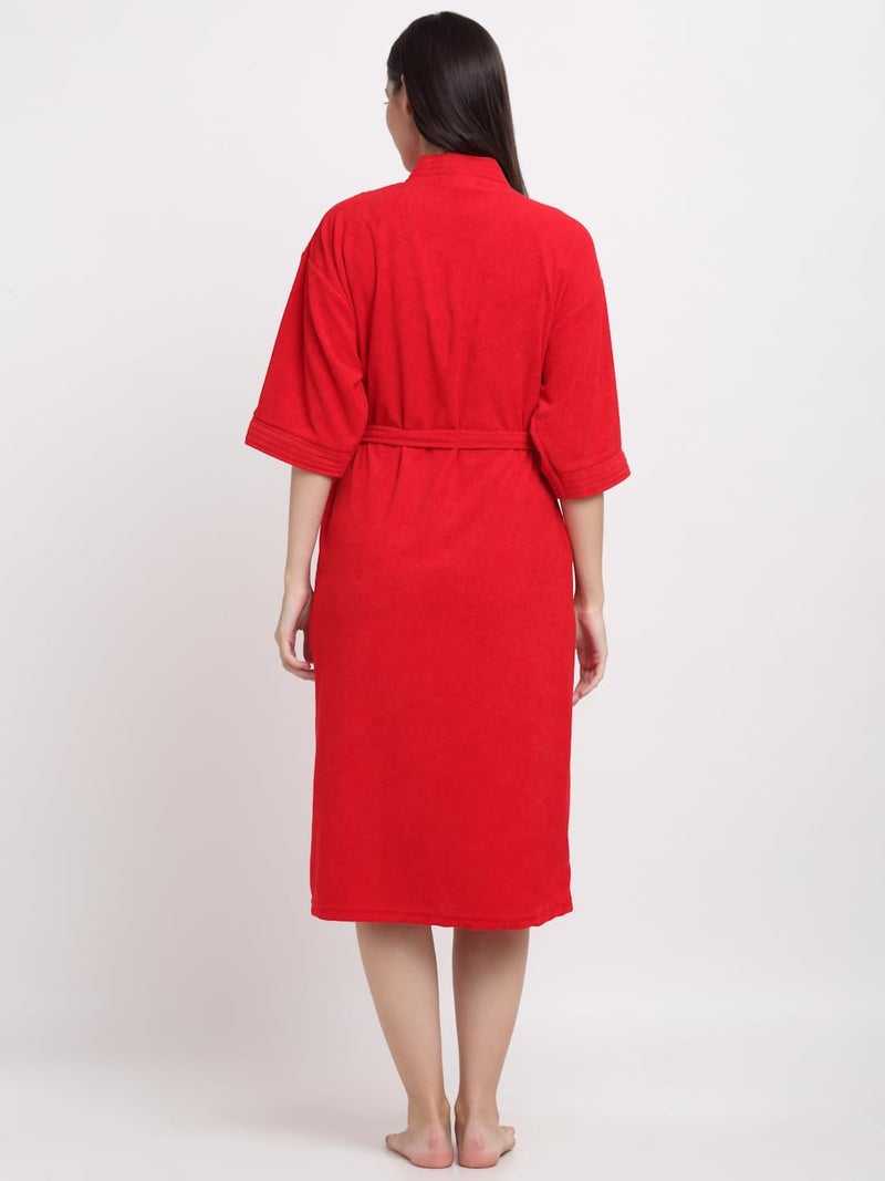 CREEVA Everyday Unisex Micro Terry Bathrobe Collection With kimono collar and 1 Pocket, 3/4 Sleeve Bath Robe Super Soft Light Weight - Red - Image 3