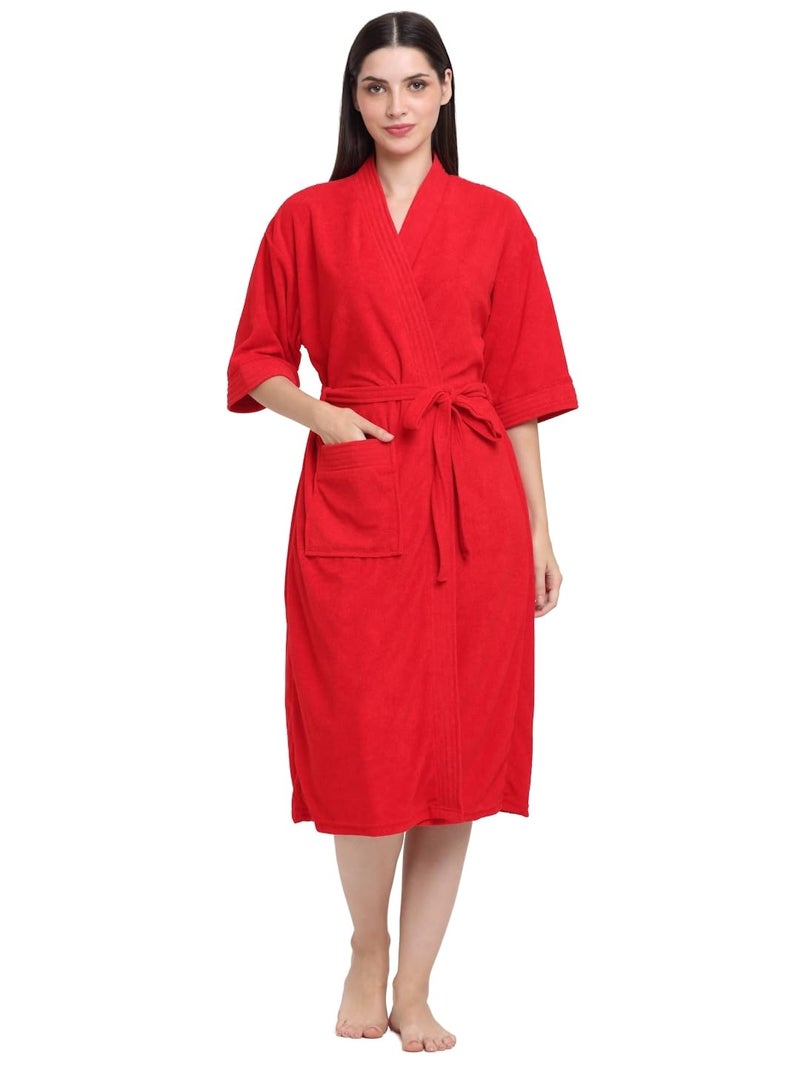 CREEVA Everyday Unisex Micro Terry Bathrobe Collection With kimono collar and 1 Pocket, 3/4 Sleeve Bath Robe Super Soft Light Weight - Red - Image 1
