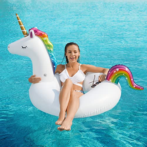 Jasonwell Inflatable Unicorn Flamingo Pool Floats Jasonwell 2 Pack Pool Floaties Inflatables Rafts for Swimming Pool Tubes for Floating Lake Beach Floaty Swim Rings Pool Party Toys for Adults Kids - Image 3