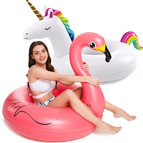 Jasonwell Inflatable Unicorn Flamingo Pool Floats Jasonwell 2 Pack Pool Floaties Inflatables Rafts for Swimming Pool Tubes for Floating Lake Beach Floaty Swim Rings Pool Party Toys for Adults Kids - Image 1