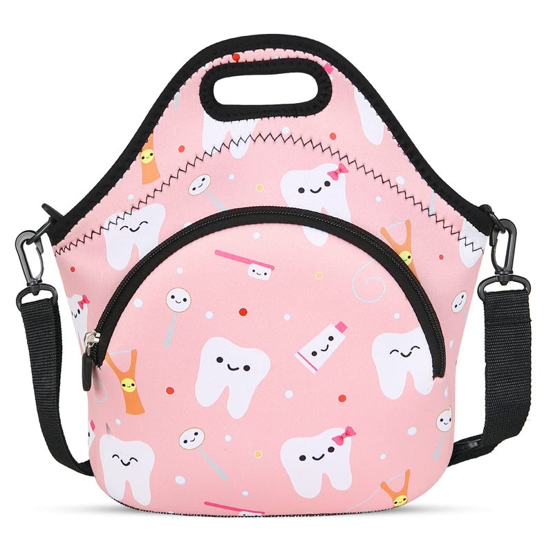 Violet Mist Neoprene Thermal Insulated Lunch Bag Tote for Women Soft Large with Extra Pocket Adjustable Shoulder Strap Pink Teeth