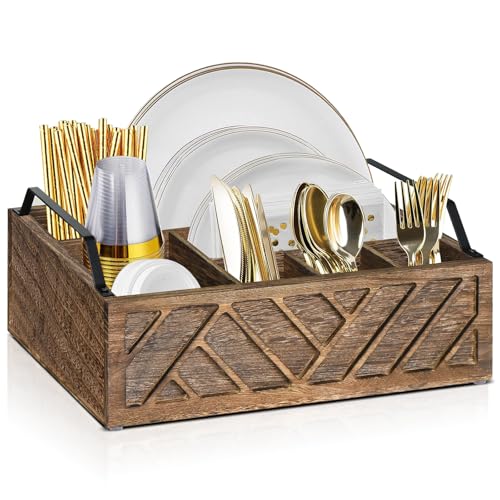 Ukonvi Flatware Organizers Paper Plate Dispenser with Handles, Paper Plate Holder for Kitchen Counter, Wood Rustic Silverware Utensil Caddy, Brown - Image 1