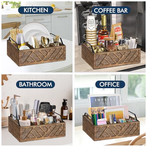 Ukonvi Flatware Organizers Paper Plate Dispenser with Handles, Paper Plate Holder for Kitchen Counter, Wood Rustic Silverware Utensil Caddy, Brown - Image 5