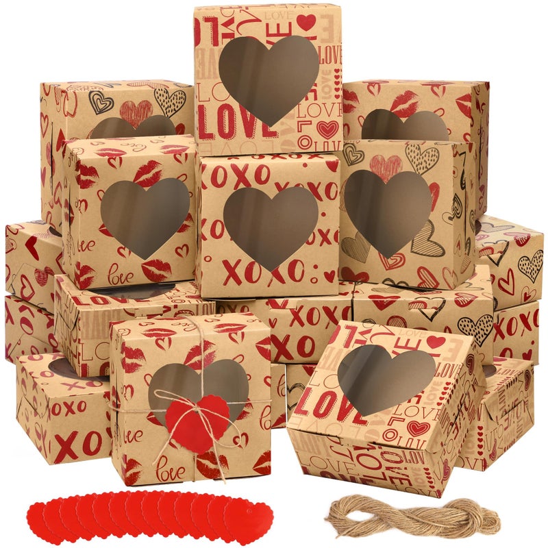 MIMIND 24 Packs Cookie Box Kraft Bakery Treat Boxes 6 x 6 x 3 Inches Candy Boxes with Heart Window Kraft Paper Cupcake Boxes with Heart Cards for Cookies, Cupcakes - Image 1
