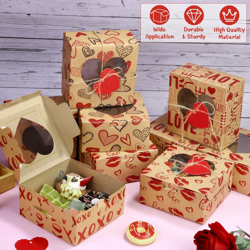 MIMIND 24 Packs Cookie Box Kraft Bakery Treat Boxes 6 x 6 x 3 Inches Candy Boxes with Heart Window Kraft Paper Cupcake Boxes with Heart Cards for Cookies, Cupcakes - Image 4